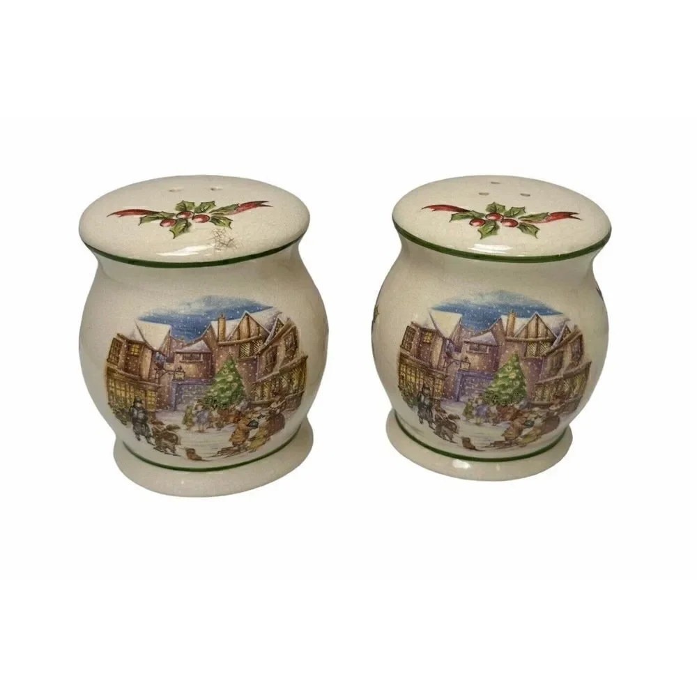Stoneware CIB Dickens Winter Scene Salt Pepper Shakers Christmas Holidays